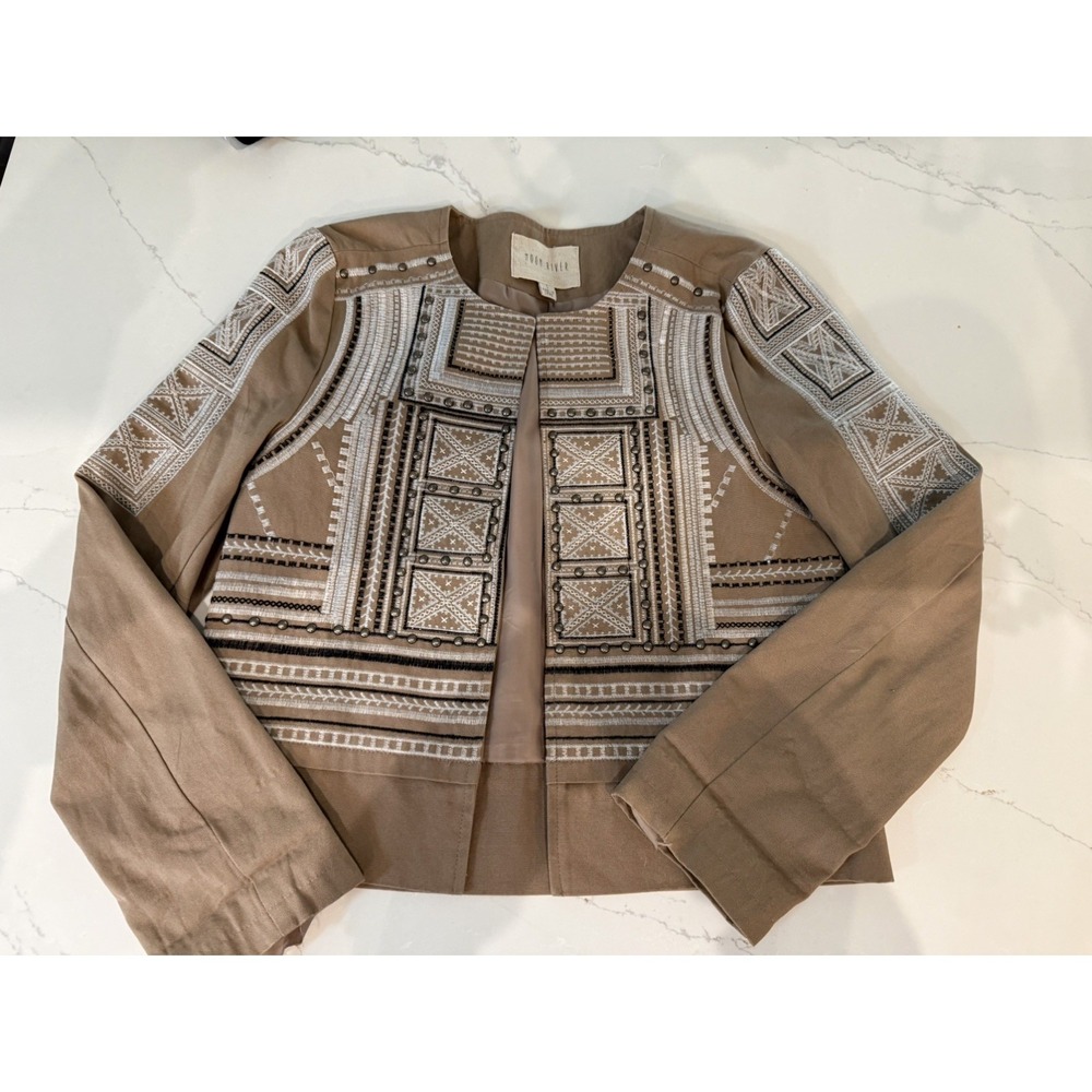 Anthropologie MOON RIVER khaki Embroidered Studded Jacket Blazer Size S Boho